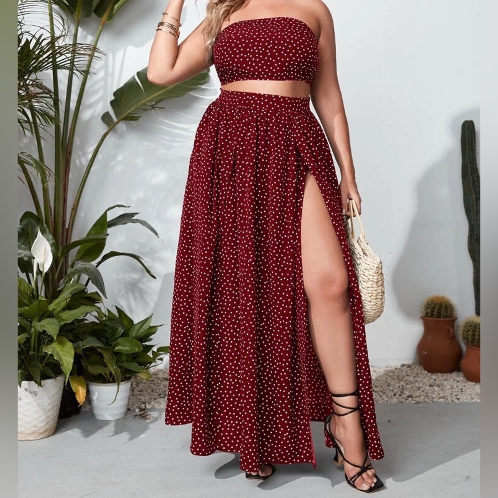 Polka Dot Zipper Back Crop Tube Top & Split Thigh Skirt Set